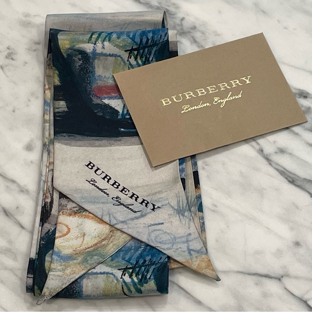 Burberry silk bandeau/twilly in navy/grey.